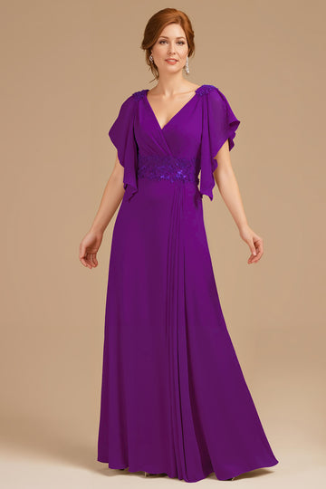 Grape V-Neck A-Line Mother Of The Bride Dress with Appliques